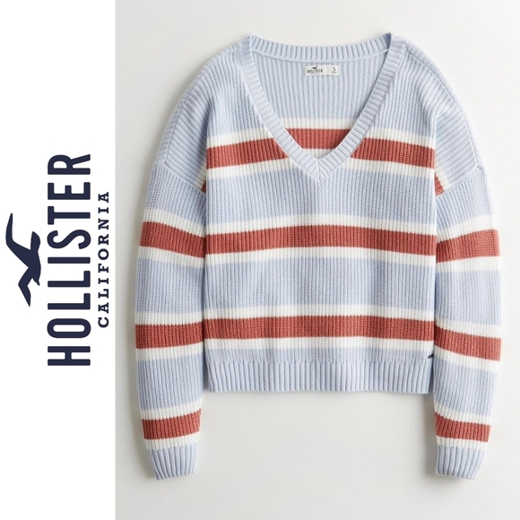 HOLLISTER Preppy Oversized Chunky Knit Striped V-Neck Pullover Sweater, Size L - Picture 1 of 13